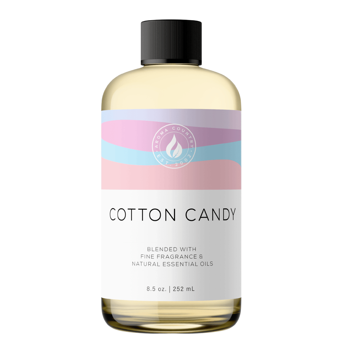 Aroma Country Cotton Candy diffuser oil, 8.5 oz (252 mL) bottle with a black cap on a white background