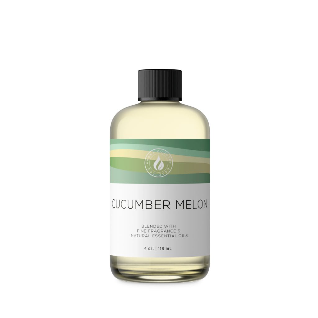A 4 oz bottle of Cucumber Melon aroma oil with bright cucumber crispness, sweet melon juiciness, and clean musk softness for refreshing room scenting