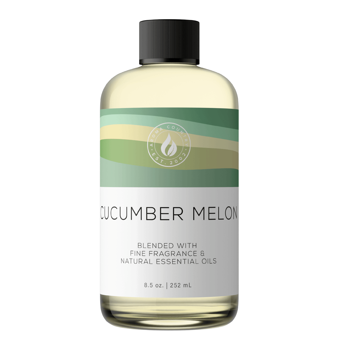Aroma Country Cucumber Melon diffuser oil, 8.5 oz (252 mL) bottle with a black cap on a white background