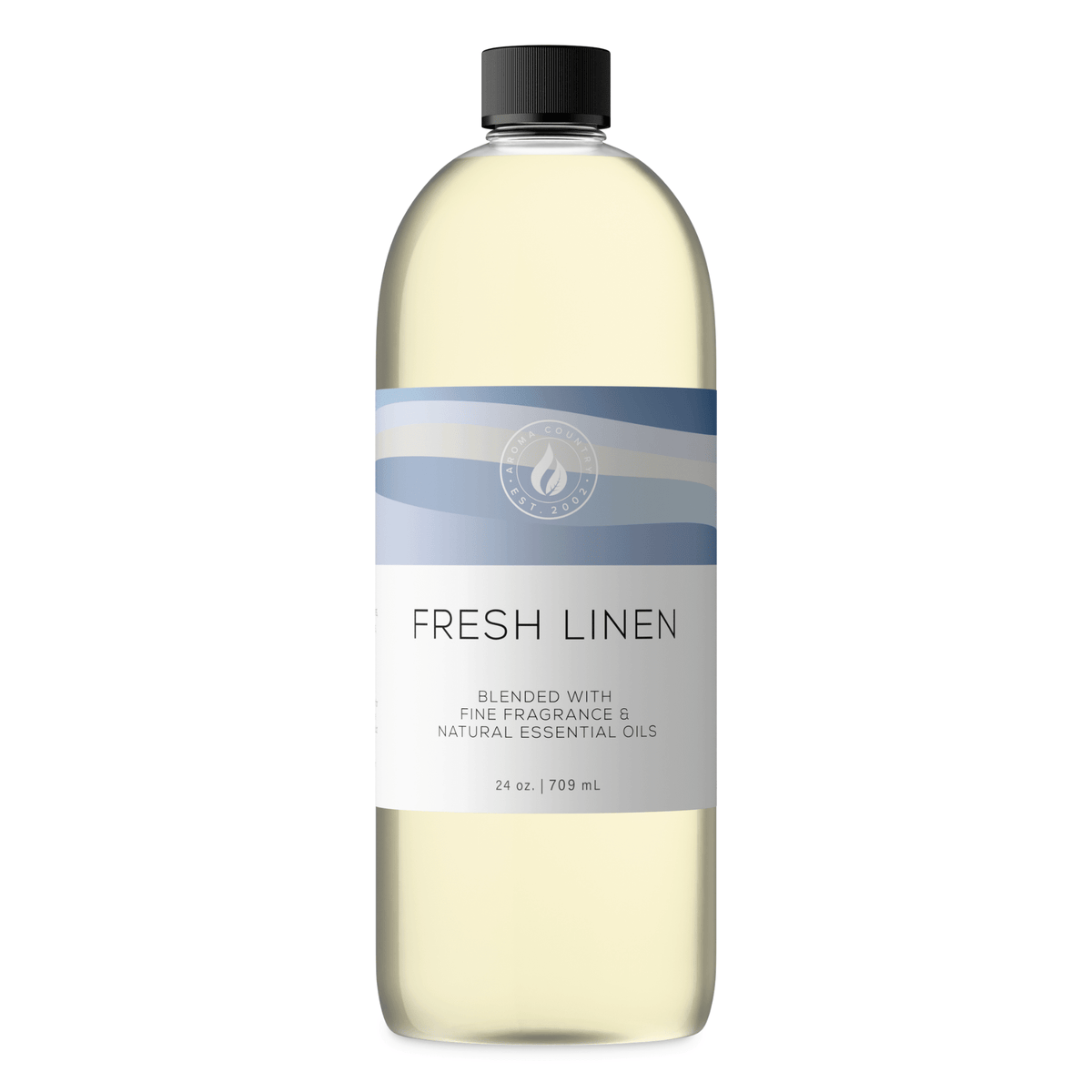 Aroma Country Fresh Linen diffuser oil, 24 oz (709 mL) bottle with a black cap on a white background