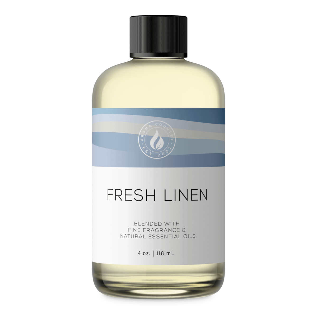 Aroma Country Fresh Linen diffuser oil, 4 oz (118 mL) bottle with a black cap on a white background