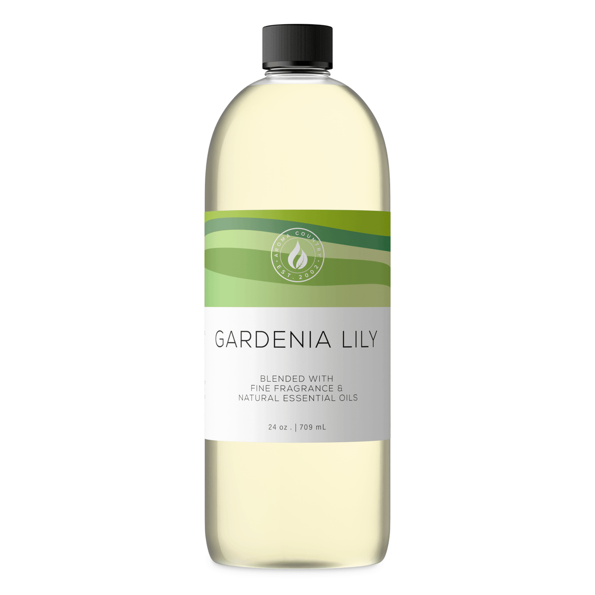 Aroma Country Gardenia Lily diffuser oil, 24 oz (709 mL) bottle with a black cap on a white background