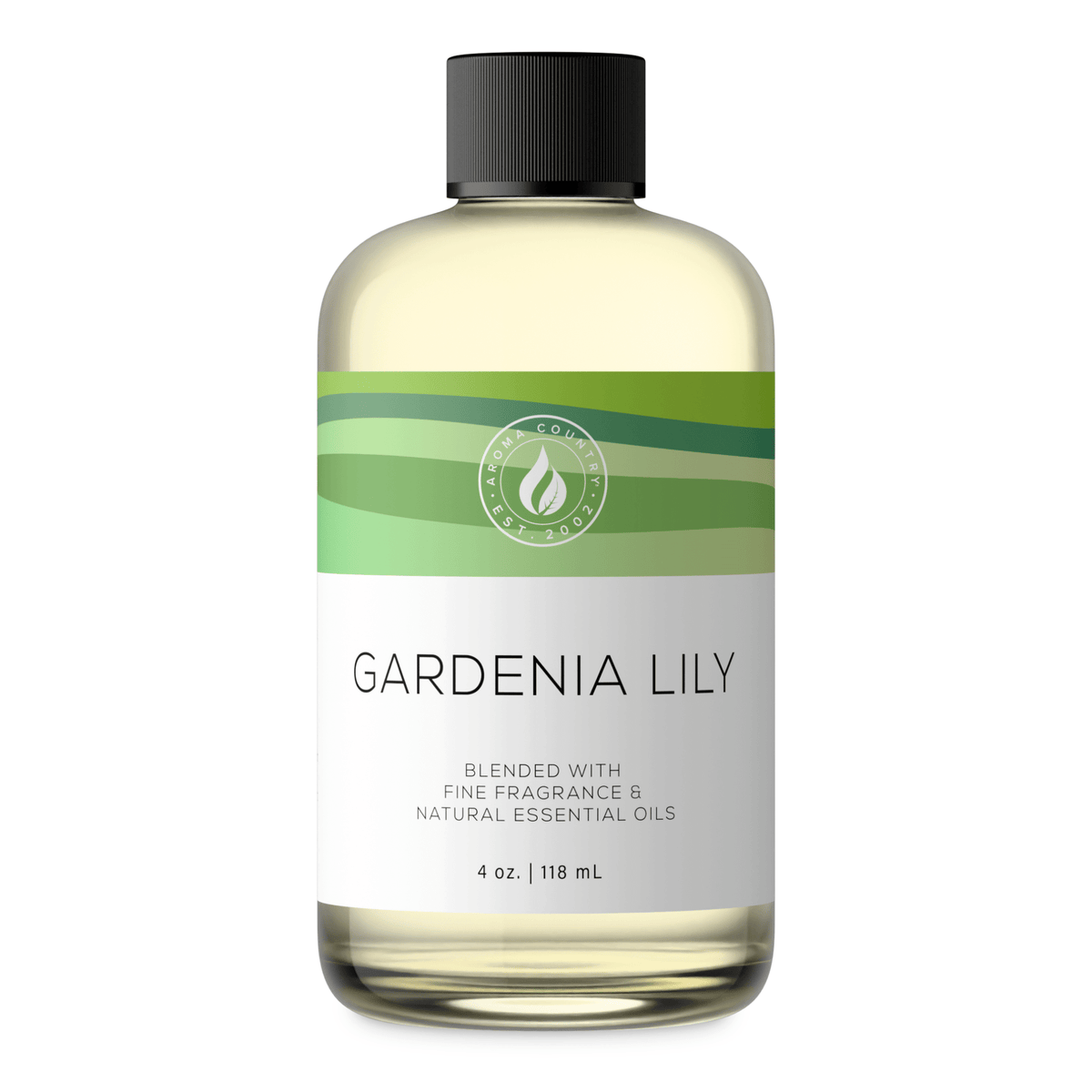 Aroma Country Gardenia Lily diffuser oil, 4 oz (118 mL) bottle with a black cap on a white background