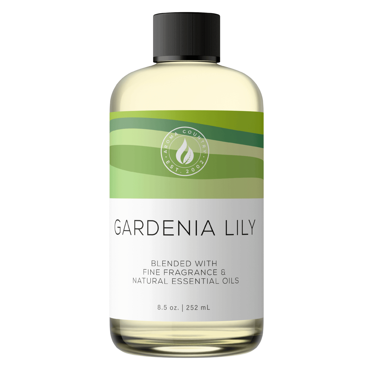Aroma Country Gardenia Lily diffuser oil, 8.5 oz (252 mL) bottle with a black cap on a white background