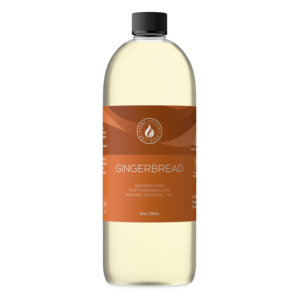 Aroma Country Gingerbread diffuser oil, 24 oz (709 mL) bottle with a black cap on a white background