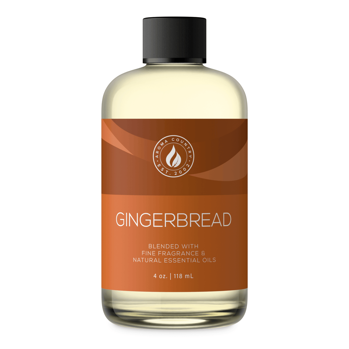 Aroma Country Gingerbread diffuser oil, 4 oz (118 mL) bottle with a black cap on a white background