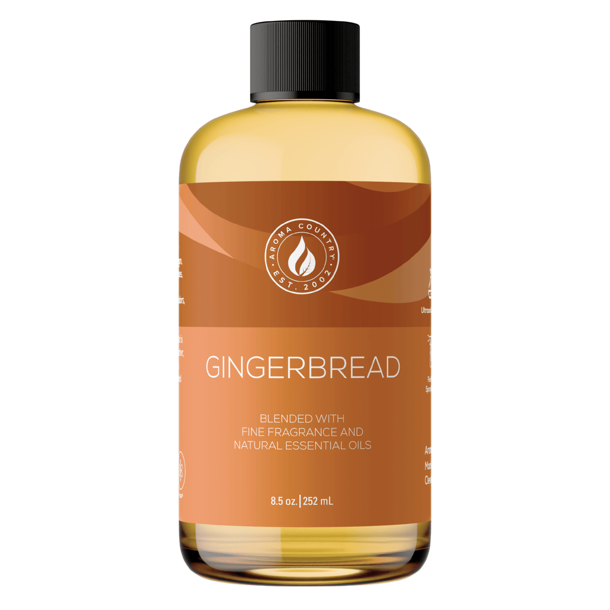 Aroma Country Gingerbread diffuser oil, 8.5 oz (252 mL) bottle with a black cap on a white background