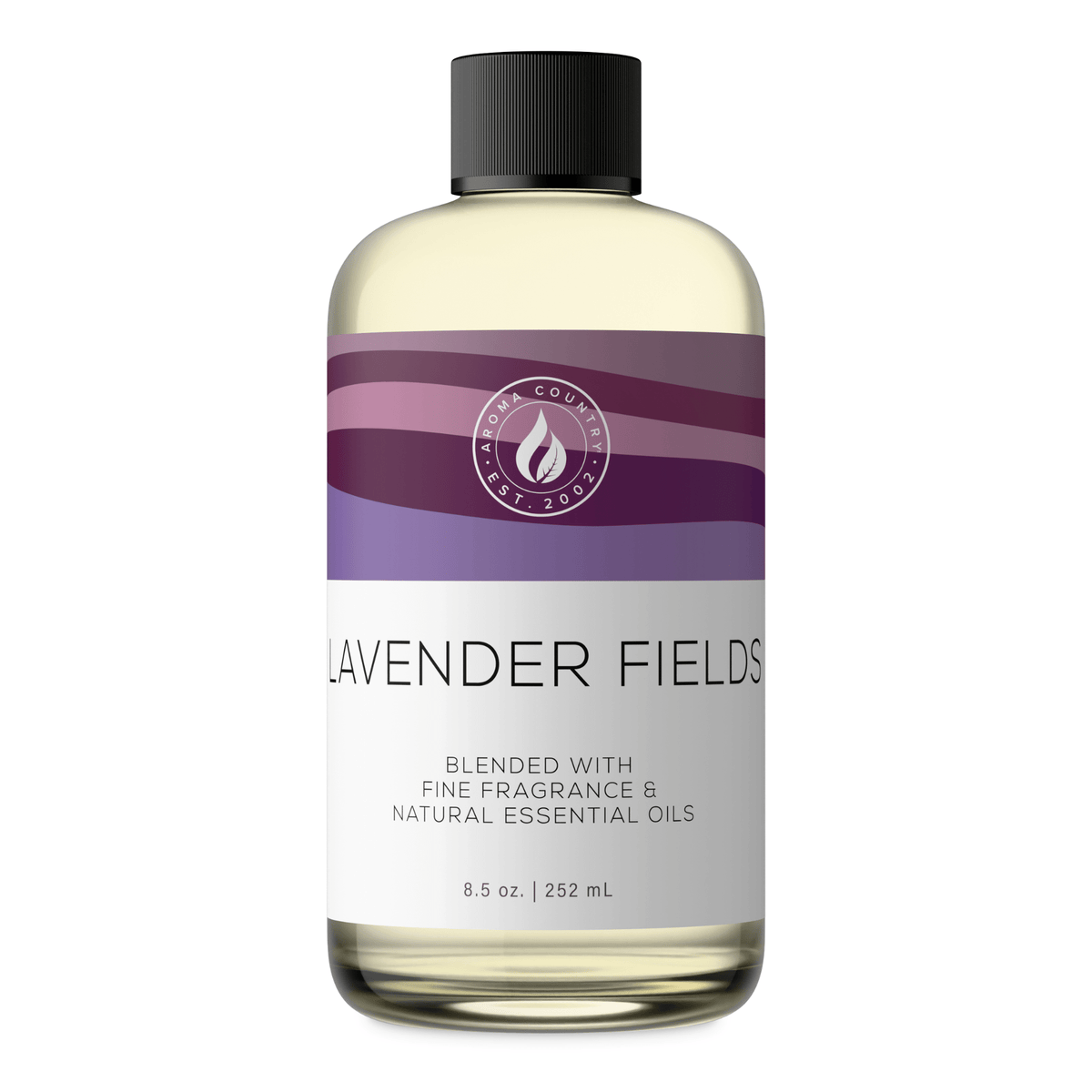 Aroma Country Lavender Fields diffuser oil, 8.5 oz (252 mL) bottle with a black cap on a white background