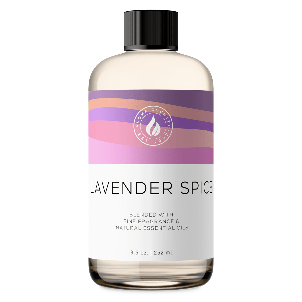 Aroma Country Lavender Spice diffuser oil, 8.5 oz (252 mL) bottle with a black cap on a white background