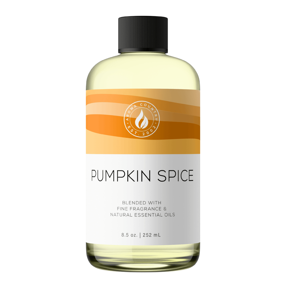 Aroma Country Pumpkin Spice diffuser oil, 8.5 oz (252 mL) bottle with a black cap on a white background