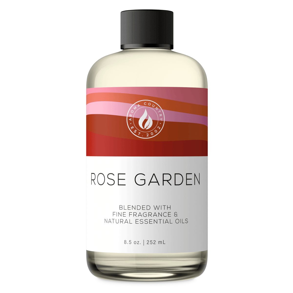 Aroma Country Rose Garden diffuser oil, 8.5 oz (252 mL) bottle with a black cap on a white background