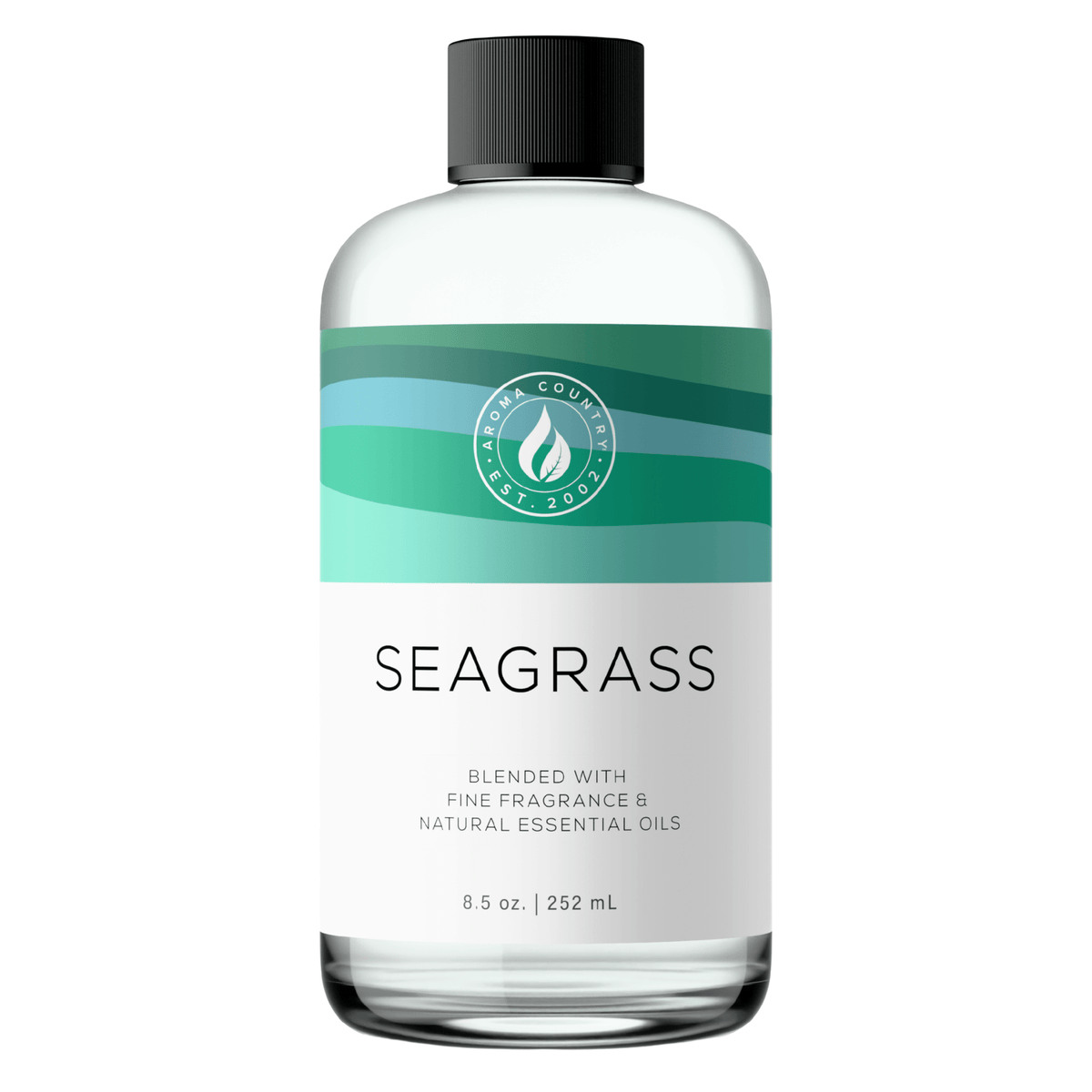 Aroma Country Seagrass diffuser oil, 8.5 oz (252 mL) bottle with a black cap on a white background
