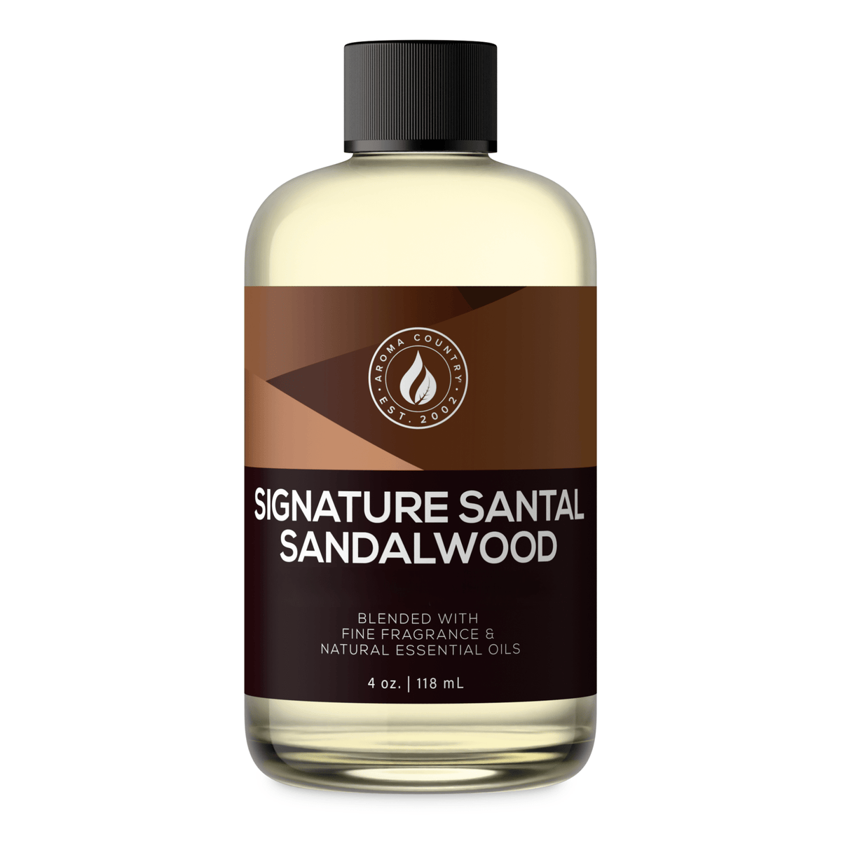 Aroma Country Signature Santal Sandalwood diffuser oil, 4 oz (118 mL) bottle with a black cap on a white background