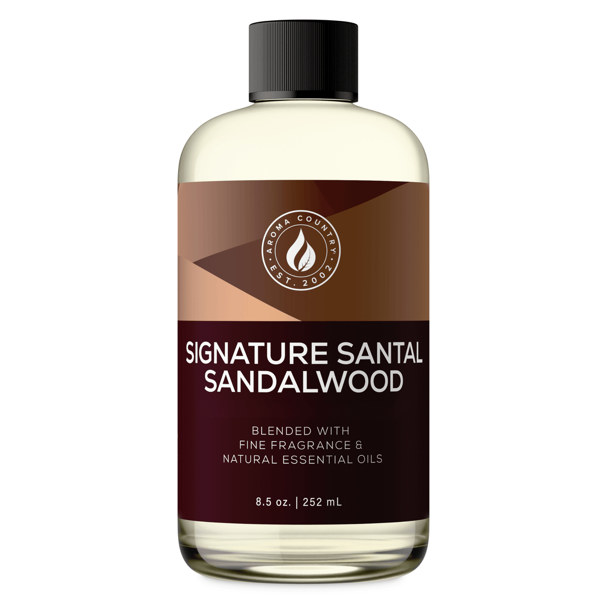 Aroma Country Signature Santal Sandalwood diffuser oil, 8.5 oz (252 mL) bottle with a black cap on a white background