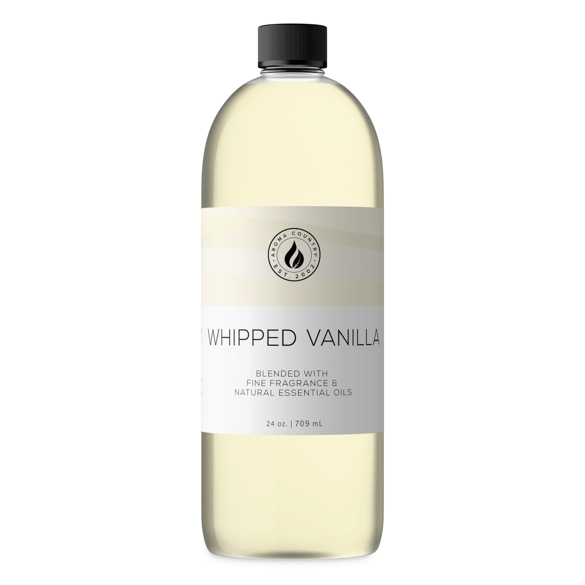 Aroma Country Whipped Vanilla diffuser oil, 24 oz (709 mL) bottle with a black cap on a white background