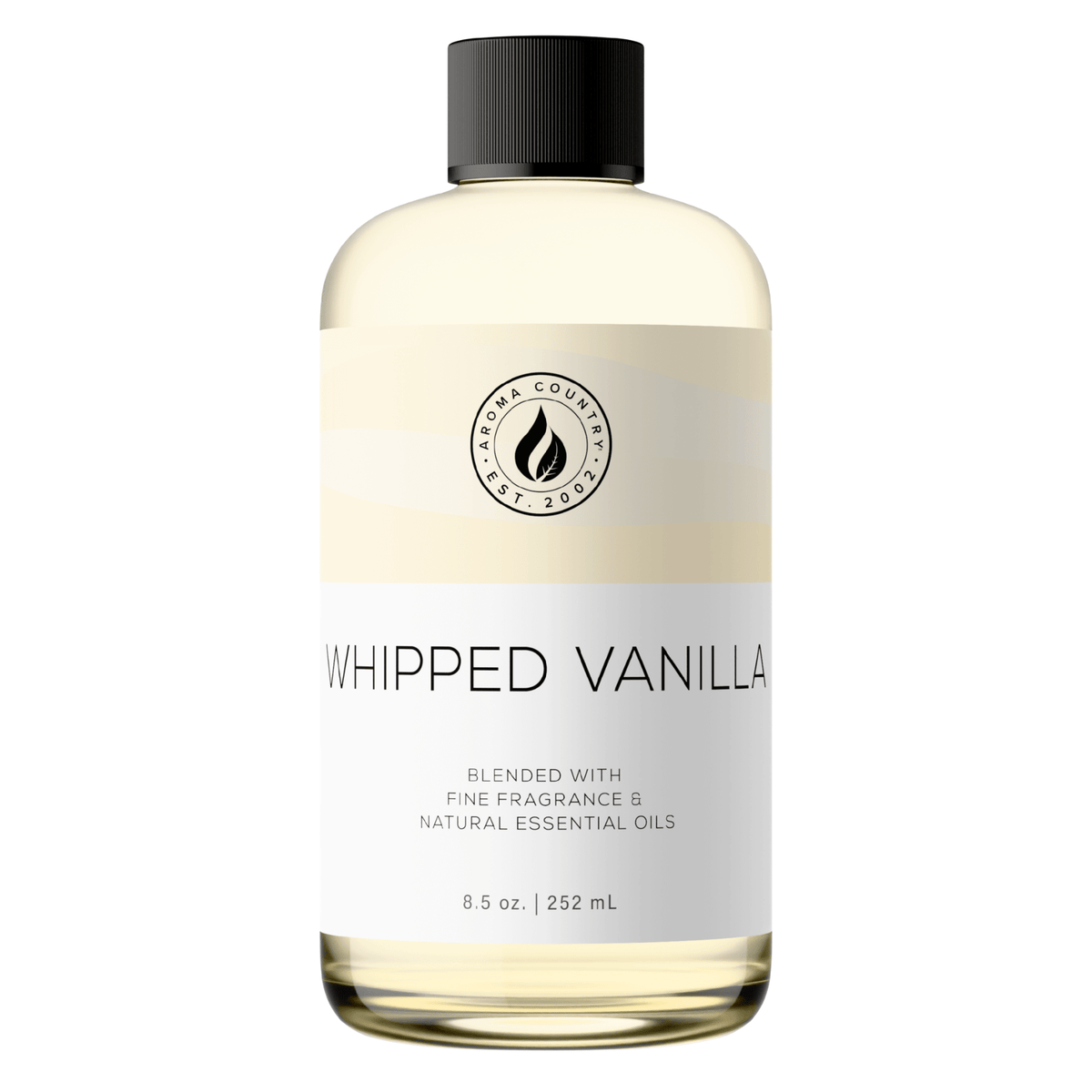 Aroma Country Whipped Vanilla diffuser oil, 8.5 oz (252 mL) bottle with a black cap on a white background