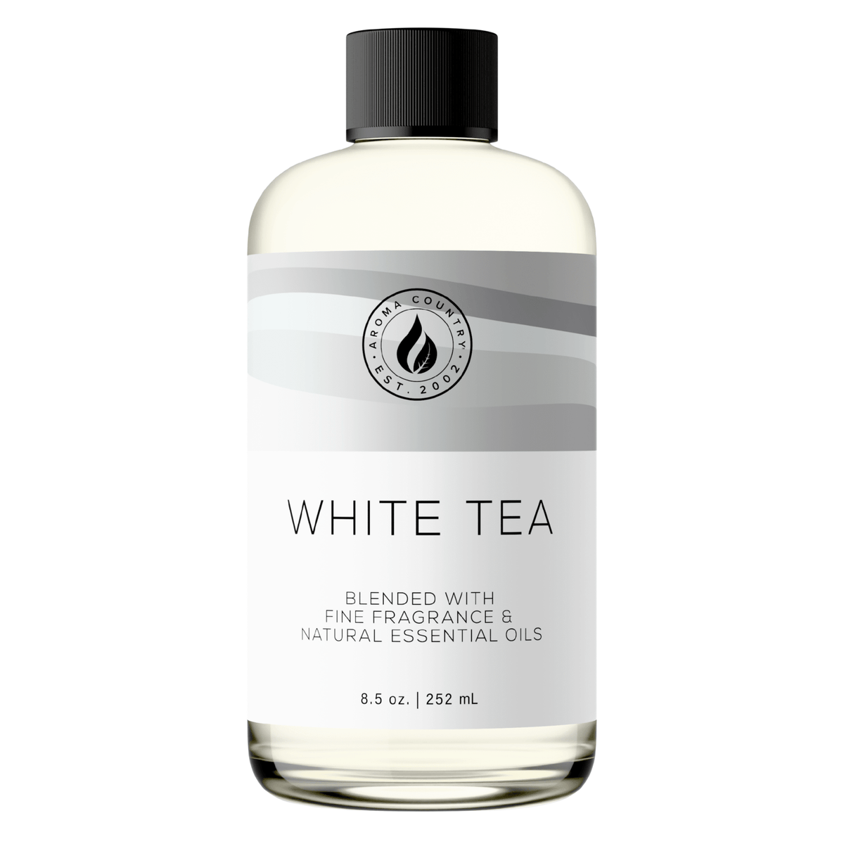 Aroma Country White Tea diffuser oil, 8.5 oz (252 mL) bottle with a black cap on a white background