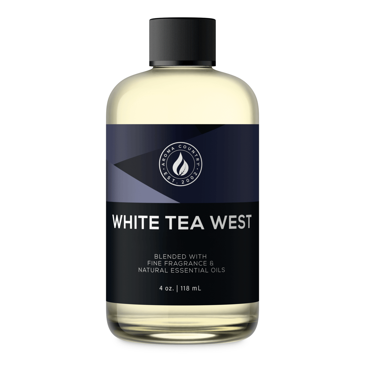 Aroma Country White Tea West diffuser oil, 4 oz (118 mL) bottle with a black cap on a white background