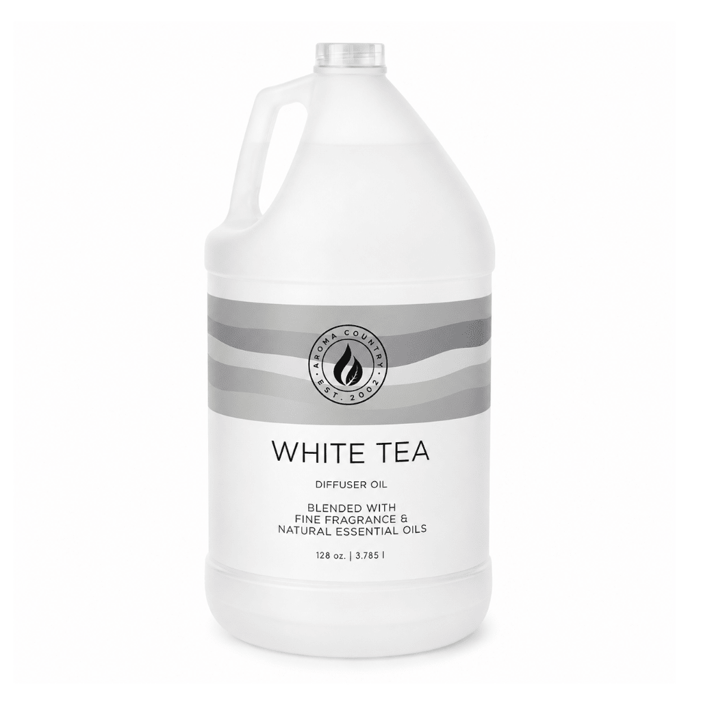 White Tea aroma oil in a 128 oz gallon jug with a crisp spa-inspired character, clean tea leaf freshness, and soft refined warmth for whole-home cold air diffusion