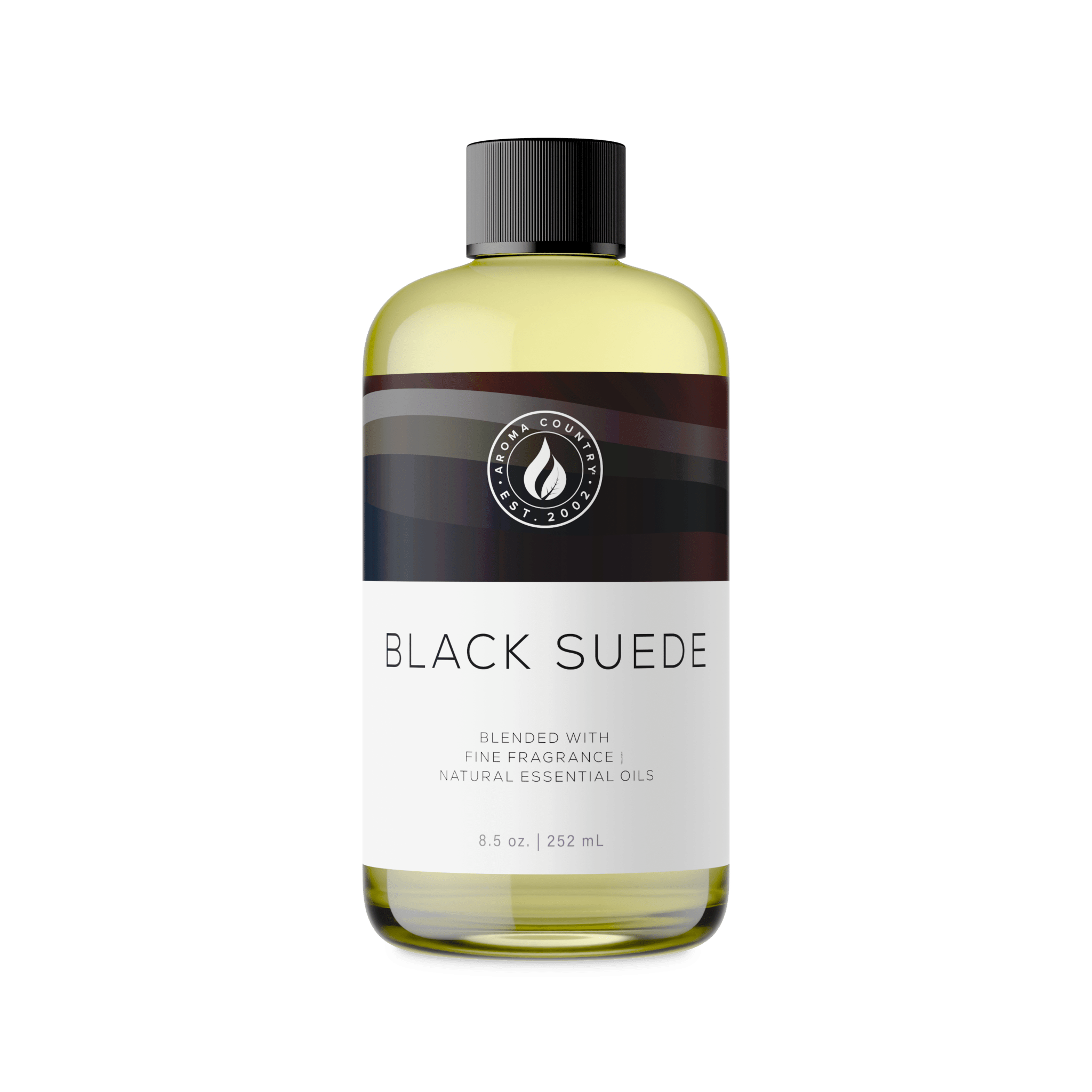 Black Suede luxury scent oil in an 8.5 oz bottle with a velvety leather aroma, soft amber depth, and polished woody warmth for elegant home scenting