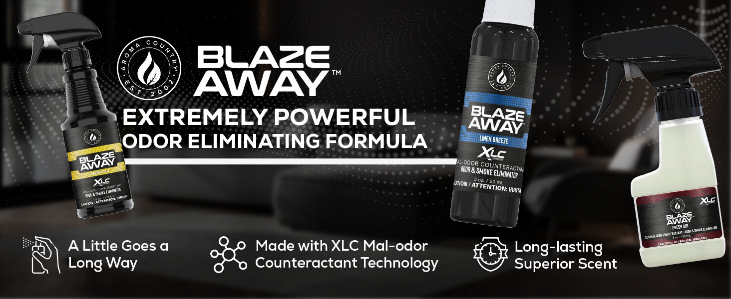 Blaze Away odor eliminator sprays with XLC malodor counteractant technology, highlighting its powerful smoke odor removal and long-lasting fragrance.