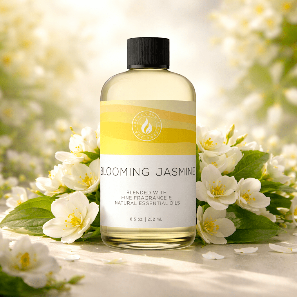 Blooming Jasmine long lasting home scent aroma oil with bright jasmine petals soft green leaves and earthy floral notes creating a calm elegant fragrance
