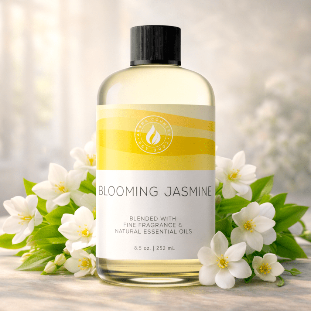 Blooming Jasmine blend with delicate white petals soft greenery and gentle sweetness creating a light and uplifting indoor atmosphere