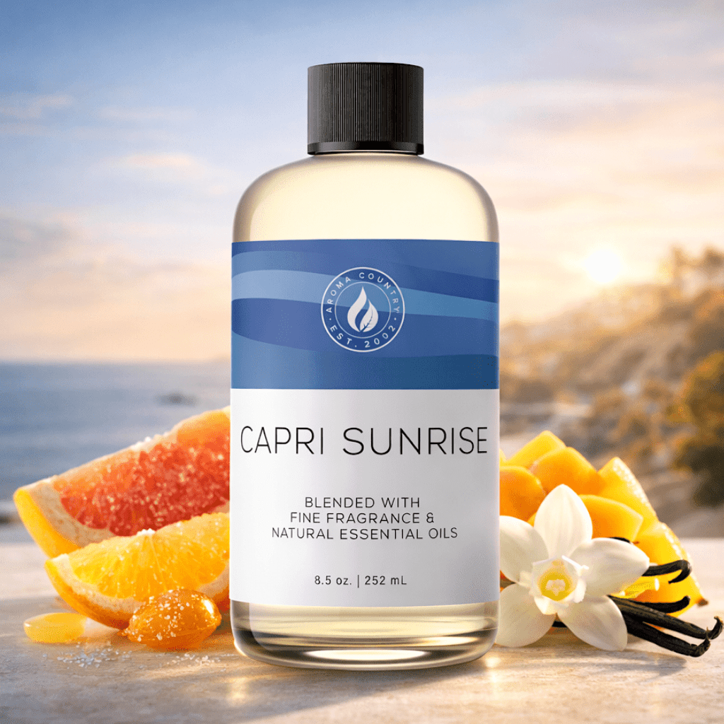 Capri Sunrise room scent with vibrant citrus notes creamy vanilla warmth and soft floral accents inspired by a sunlit coastal setting