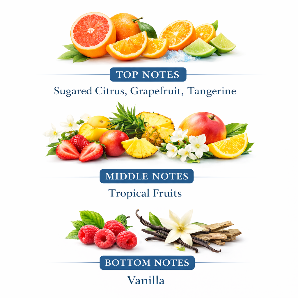 Capri Sunrise opens with grapefruit and tangerine, moves into tropical fruits, and settles into vanilla, creating a long lasting home fragrance with a bright yet smooth finish.