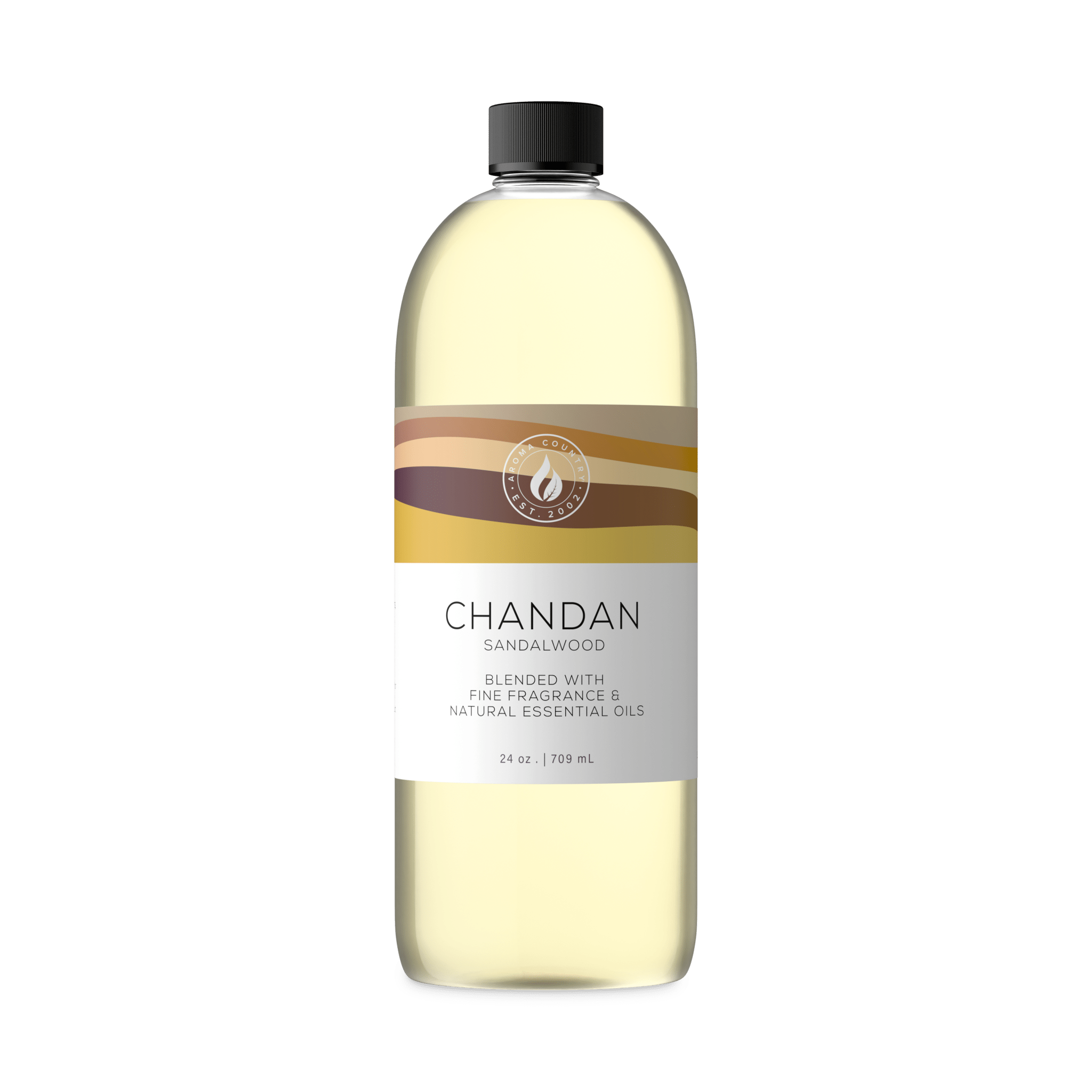 Chandan sandalwood concentrated fragrance oil in a 24 oz format with a warm creamy wood character and smooth resinous depth for large-space cold air diffusion