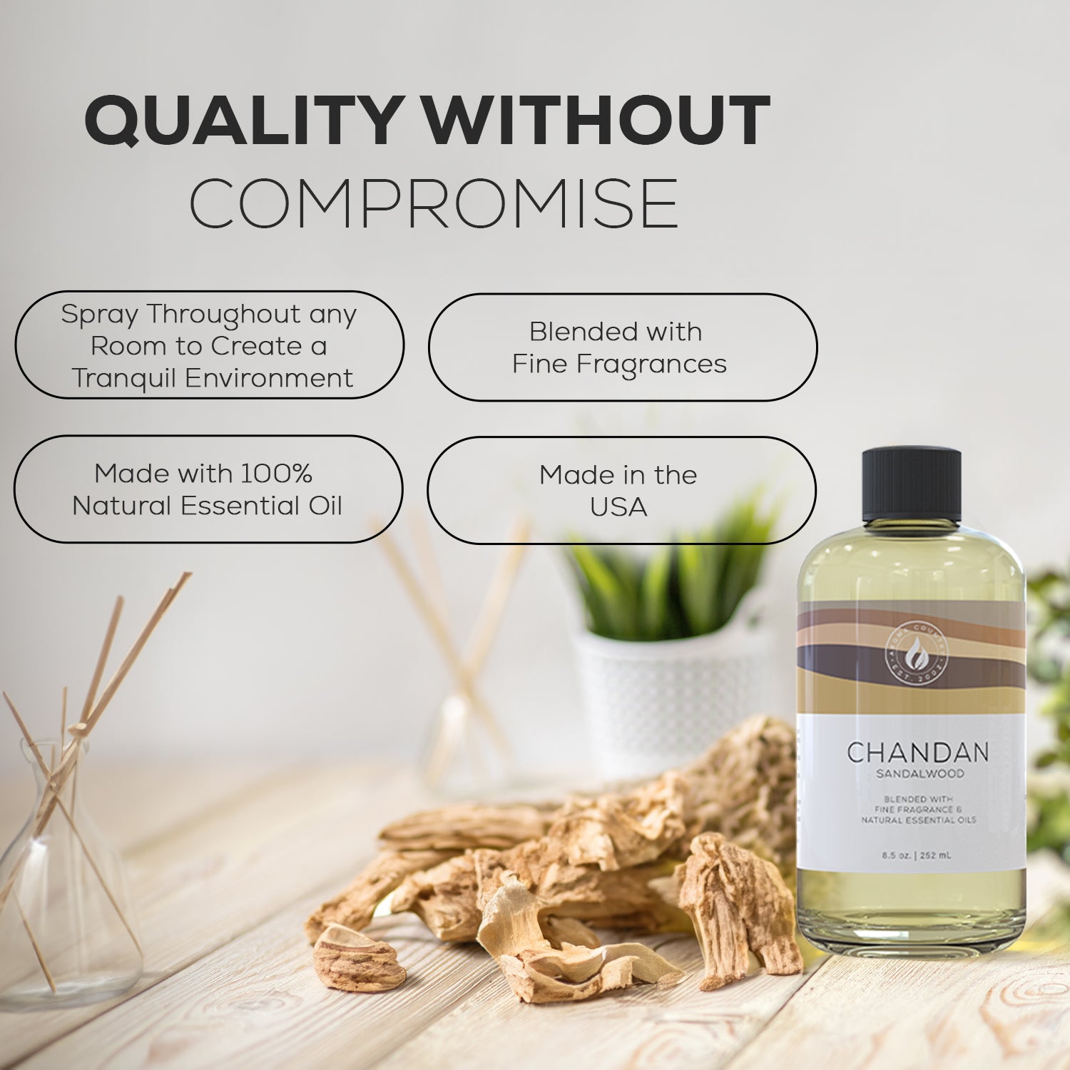 Chandan Sandalwood diffuser oil with sandalwood chips, highlighting USA-made, natural essential oils and calming room fragrance benefits.