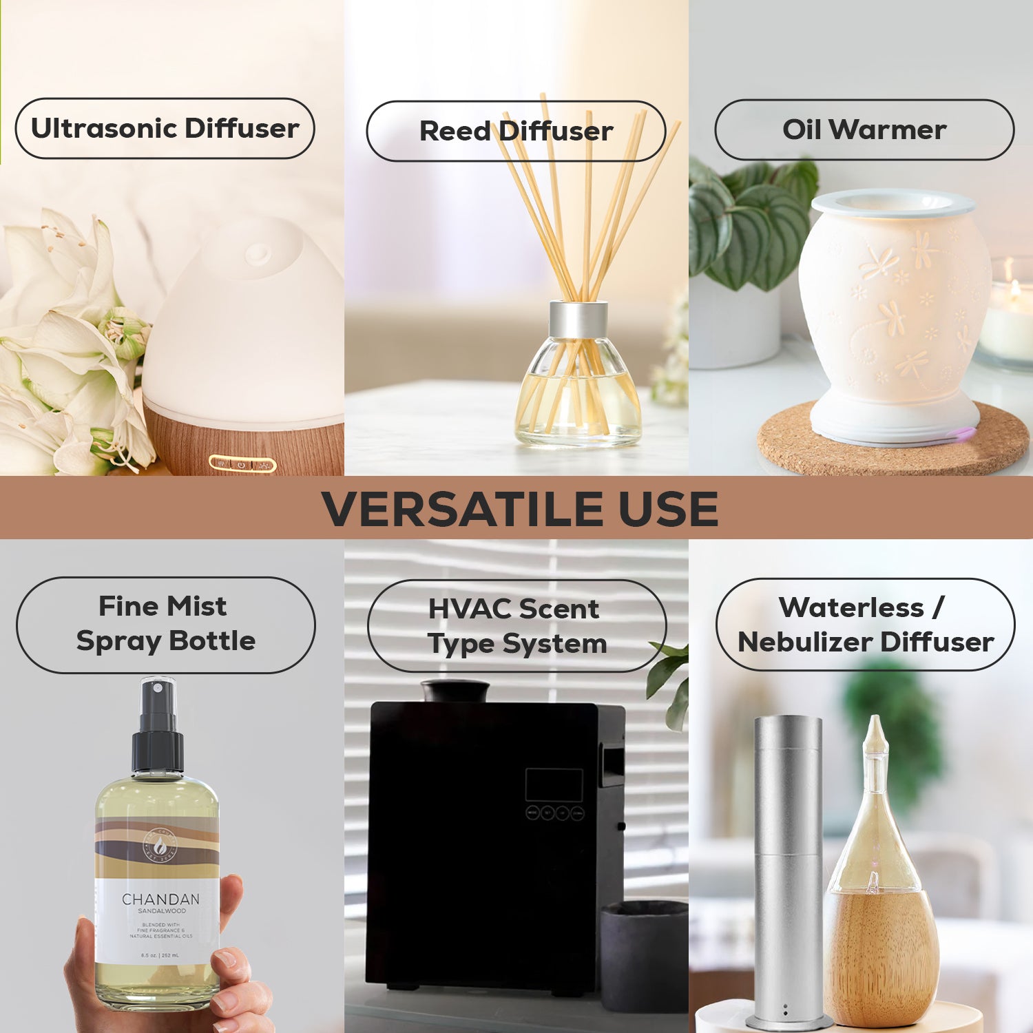 Chandan Sandalwood diffuser oil shown with compatible devices including cold air diffuser, HVAC scent system, and fine mist sprayer for versatile use.