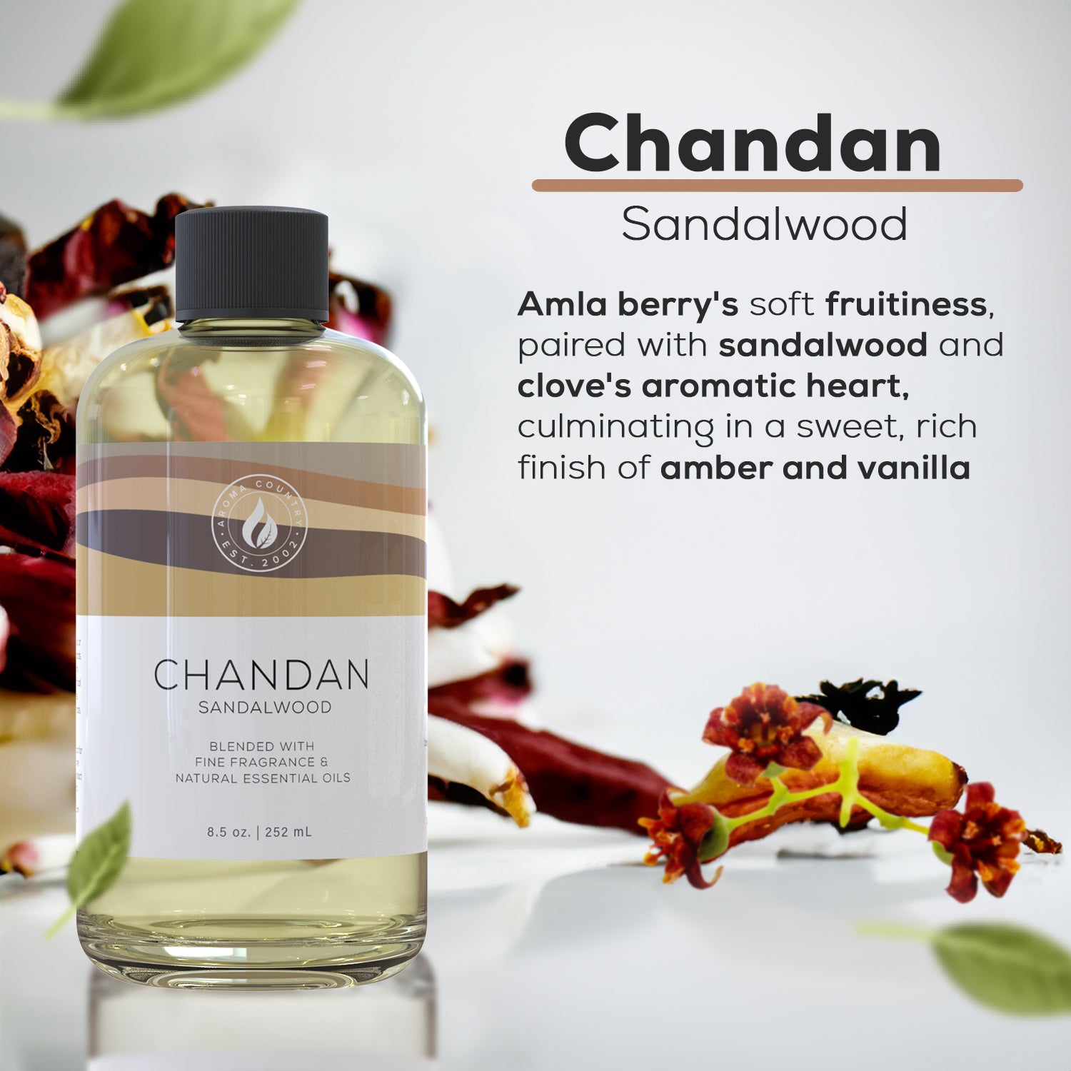 Chandan Sandalwood diffuser oil with clove, amla berry, and amber notes highlighted, emphasizing its rich essential oil blend for luxurious scent diffusion.