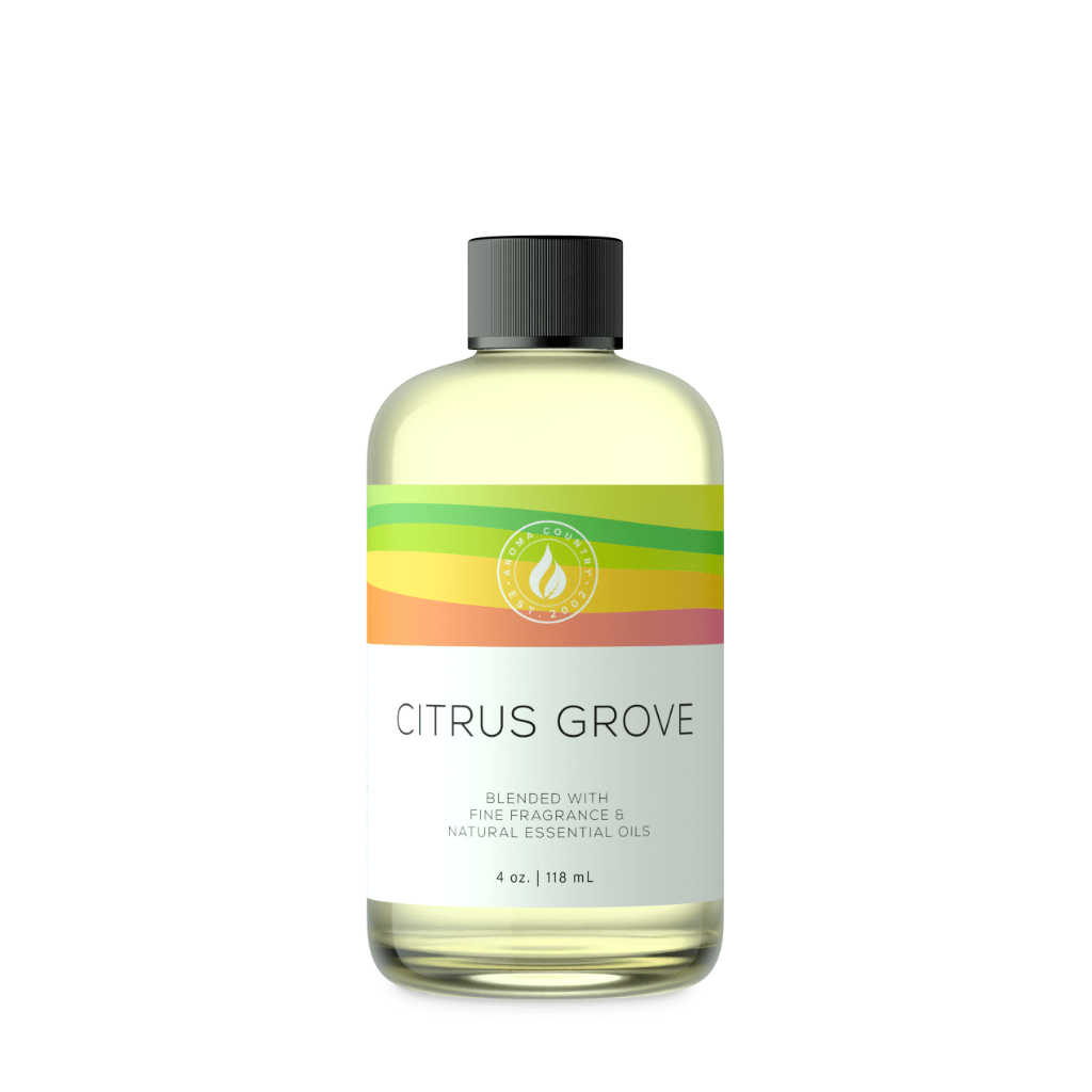 Citrus Grove concentrated fragrance oil in 4 oz with a bright citrus scent, fresh orange aroma, and lively uplifting character