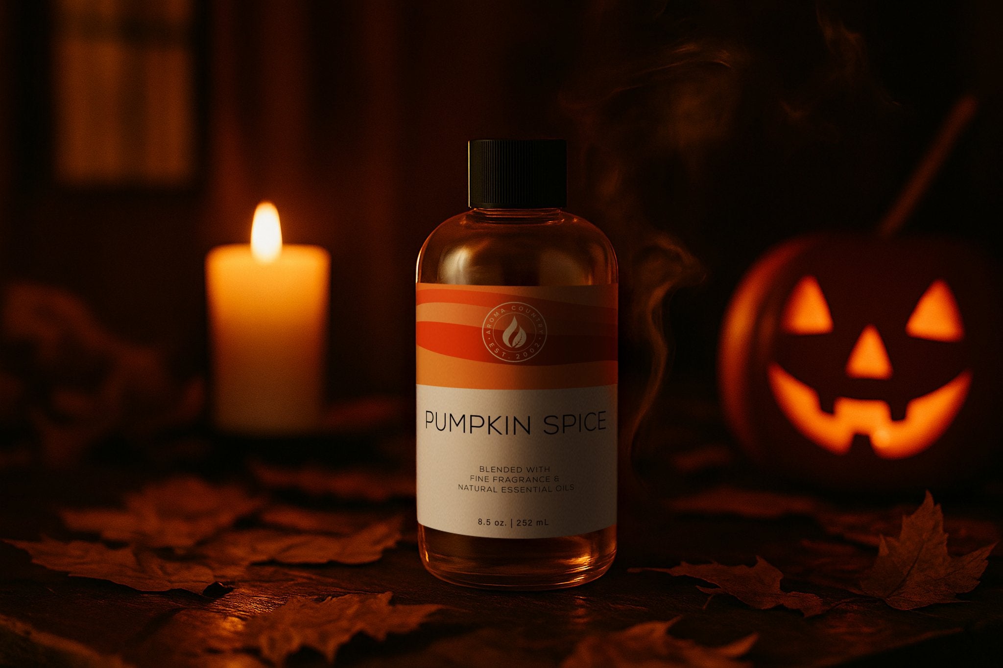 Pumpkin Spice seasonal fragrance blending warmth and comfort, evoking cozy autumn scenting through a luxury home fragrance experience.