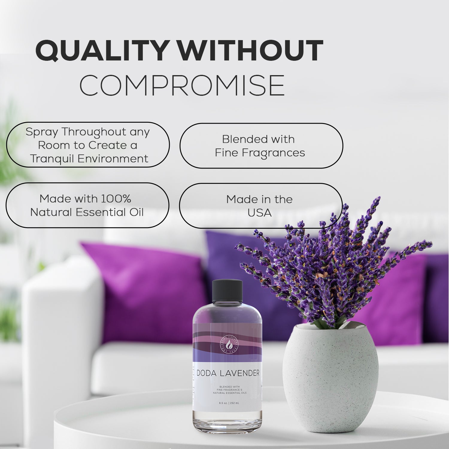 Doda Lavender essential oil displayed with benefits including fine fragrance and natural essential oils, set in a calming modern living space.