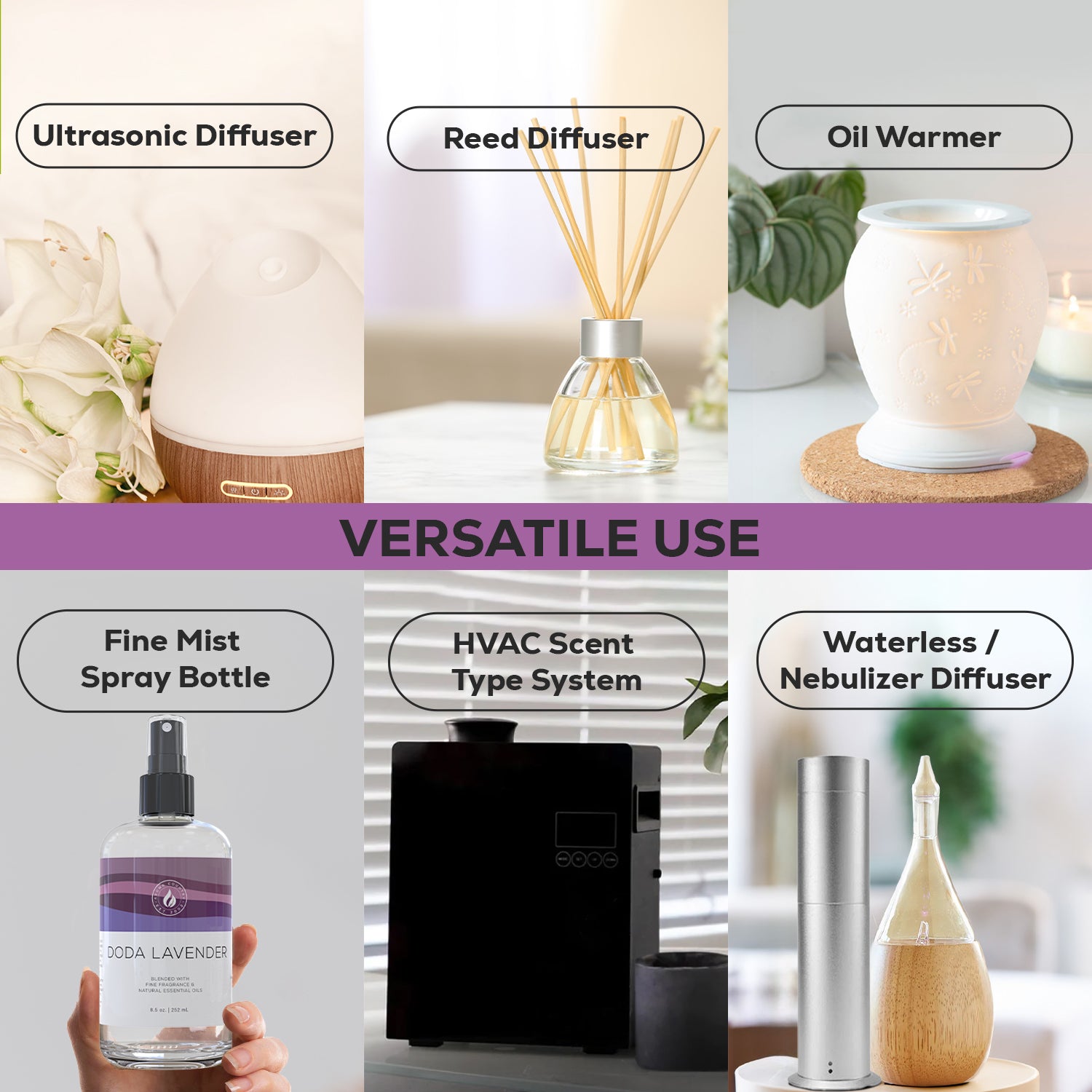 Doda Lavender essential oil displayed with compatible systems including cold air diffusers, fine mist sprayers, and HVAC scent machines.