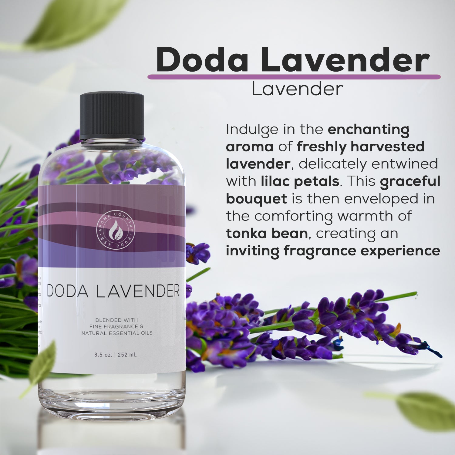 Doda Lavender oil shown with notes of lilac and tonka bean, highlighting its refined scent profile and elegant home fragrance appeal.