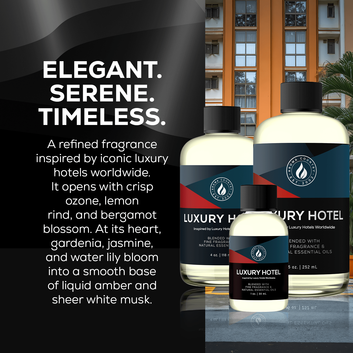 Refined hotel-inspired diffuser blend with ozone, lemon, jasmine, and white musk for elegant home scenting