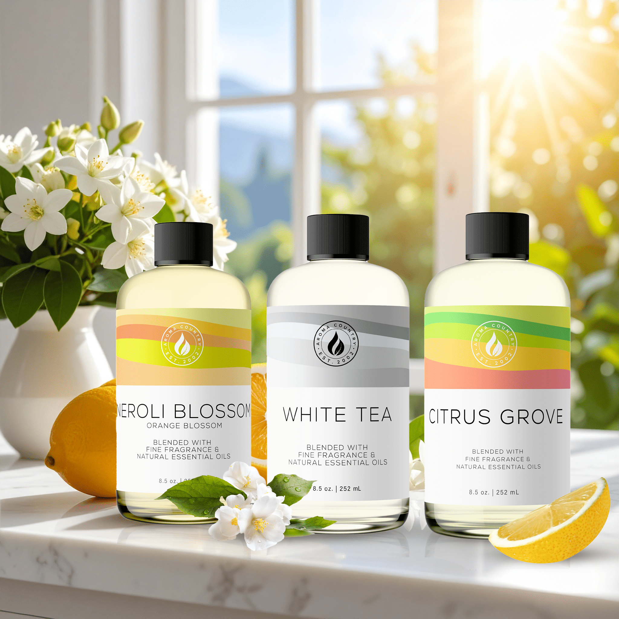 Fresh & Clean fragrance bundle with Neroli Blossom, Citrus Grove, and White Tea oils for bright, uplifting home scenting with citrus and floral notes