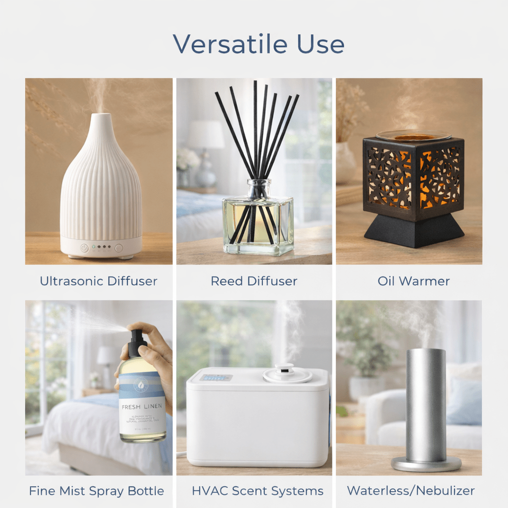 This high quality fragrance oil is formulated for ultrasonic diffusers, reed diffusers, oil warmers, fine mist spray bottles, and HVAC scent systems.