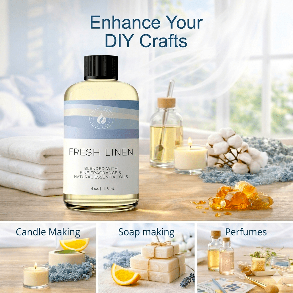 Fresh Linen premium fragrance oil with clean cotton and airy notes used for candle making soap making perfumes and long lasting home scent aroma blends