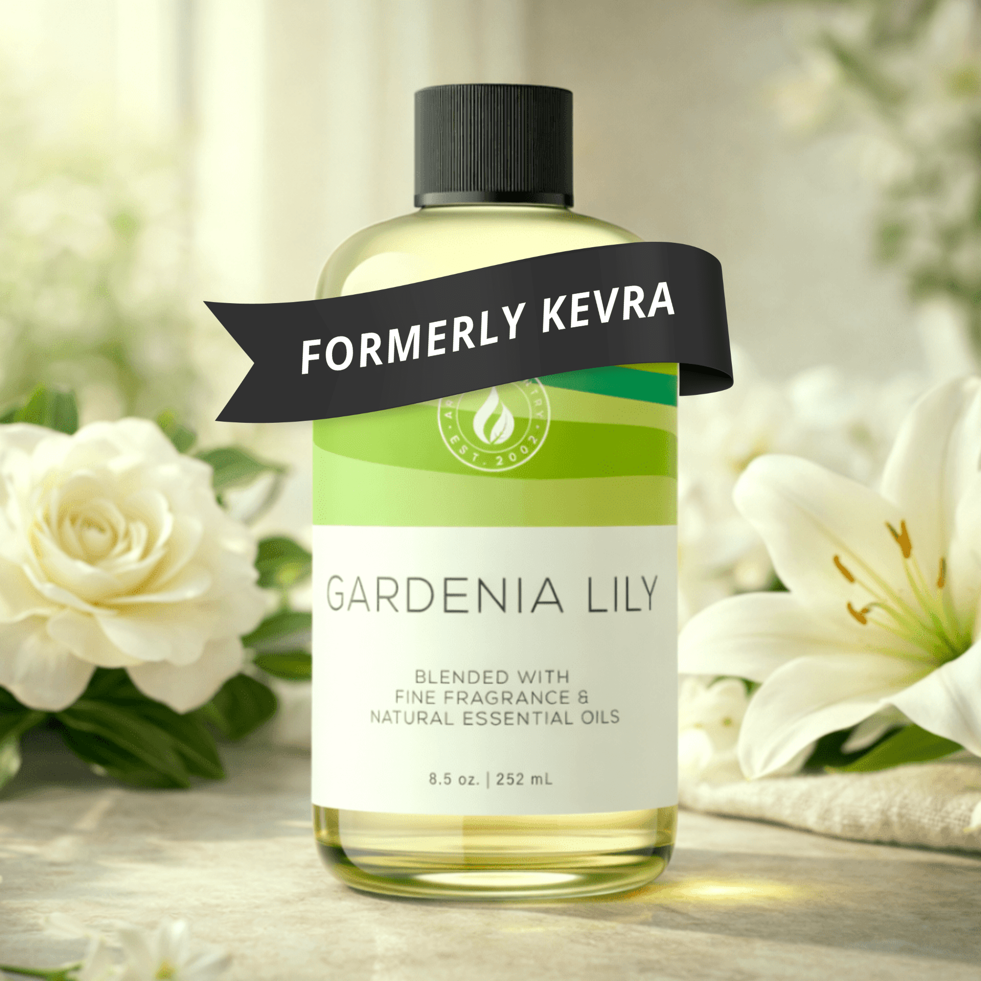 Gardenia Lily home fragrance at 8.5 oz, formerly known as Kevra, with a creamy white floral character, fresh lily petal lift, and soft green undertones for refined home scenting