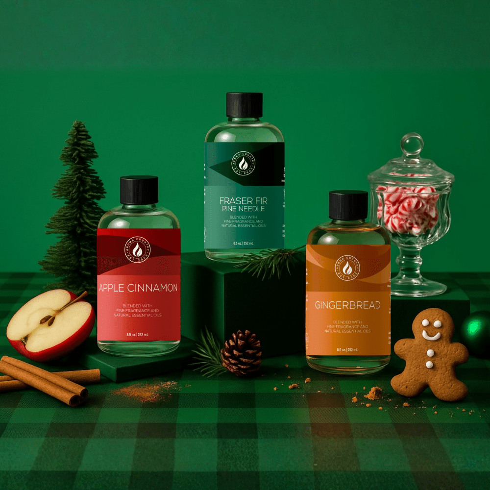 Fraser Fir, Apple Cinnamon, and Gingerbread fragrance oils featured in a holiday scent collection, blending seasonal aromas for home fragrance systems, hotel scenting, and winter ambiance.