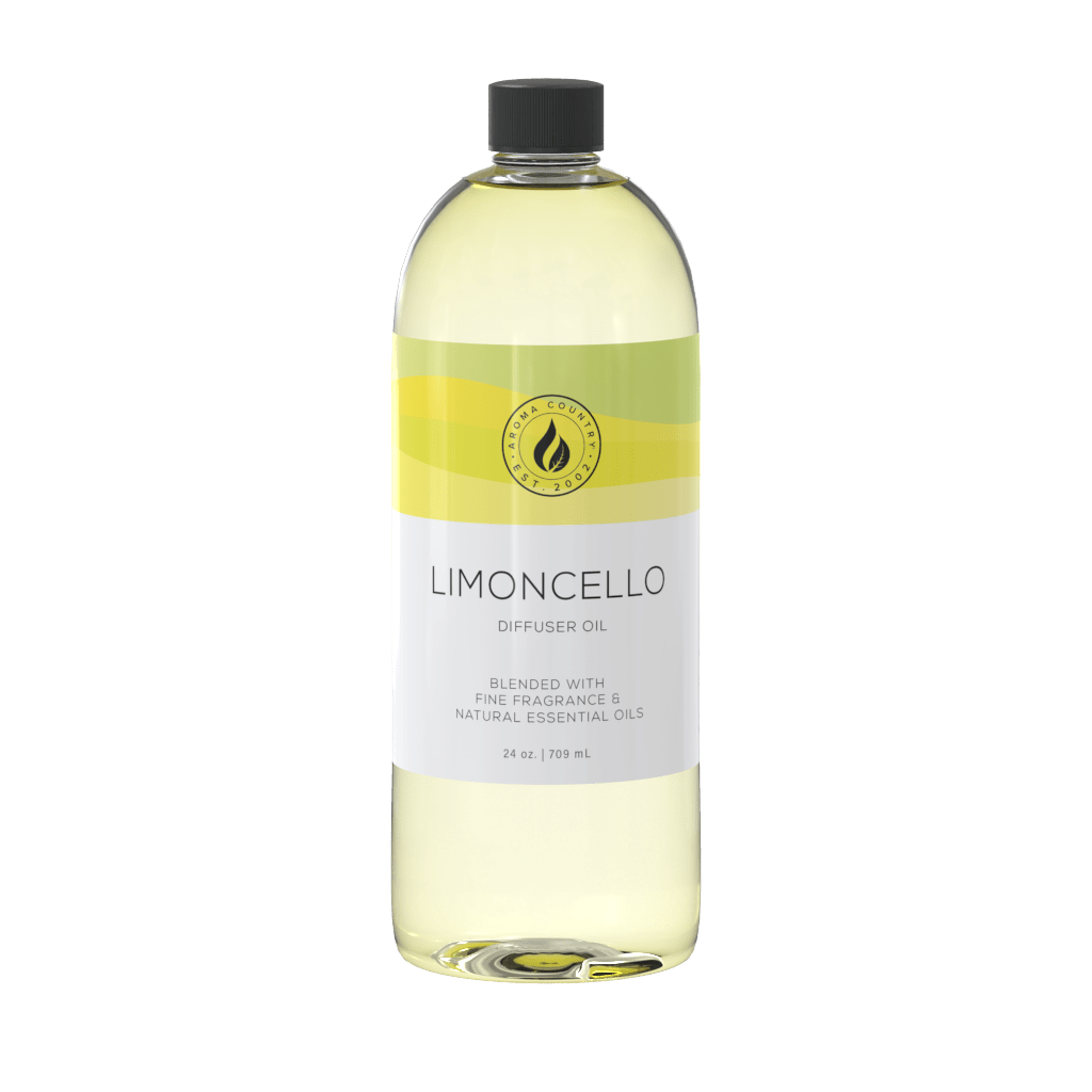 Limoncello diffuser oil in a 24 oz bottle with a vibrant yellow label, evoking a bright, zesty citrus aroma perfect for energizing interior spaces.