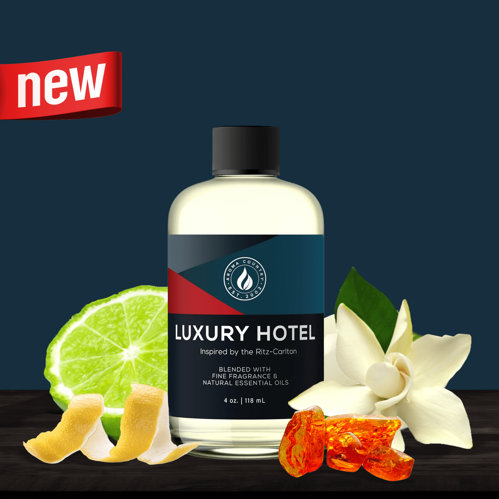 Luxury Hotel 4 oz diffuser oil inspired by The Ritz-Carlton, featuring notes of citrus peel, amber, and white florals in a new release fragrance blend.