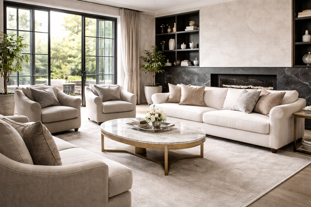 Upscale neutral living room with marble fireplace and designer seating featuring the Aroma Country Inspired Collection of luxury hotel fragrance oils