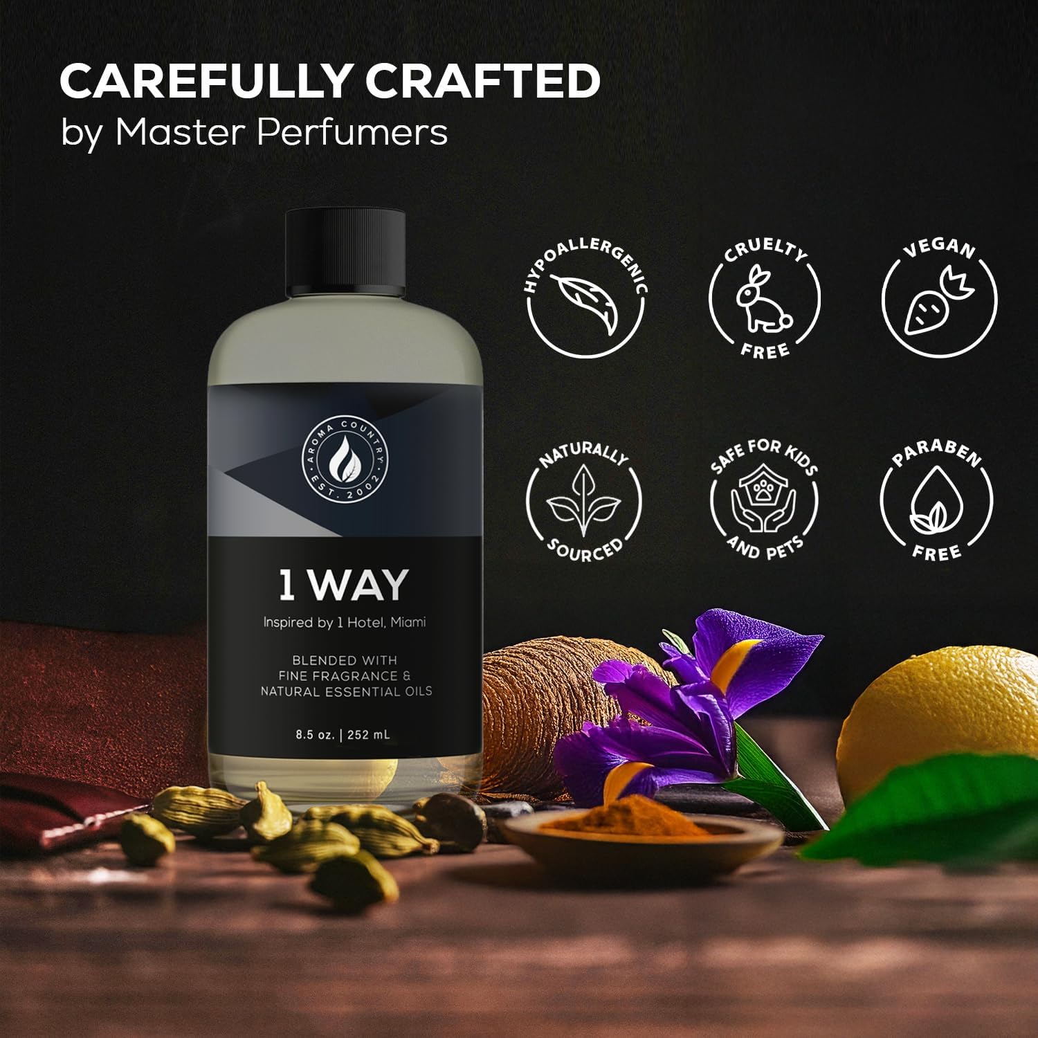 Detailed product graphic for 1 Way fragrance highlighting key features including master perfumers, hypoallergenic formulation, cruelty-free, vegan, naturally sourced ingredients, and safe-for-kids and pets, paraben-free for a clean home scenting experience
