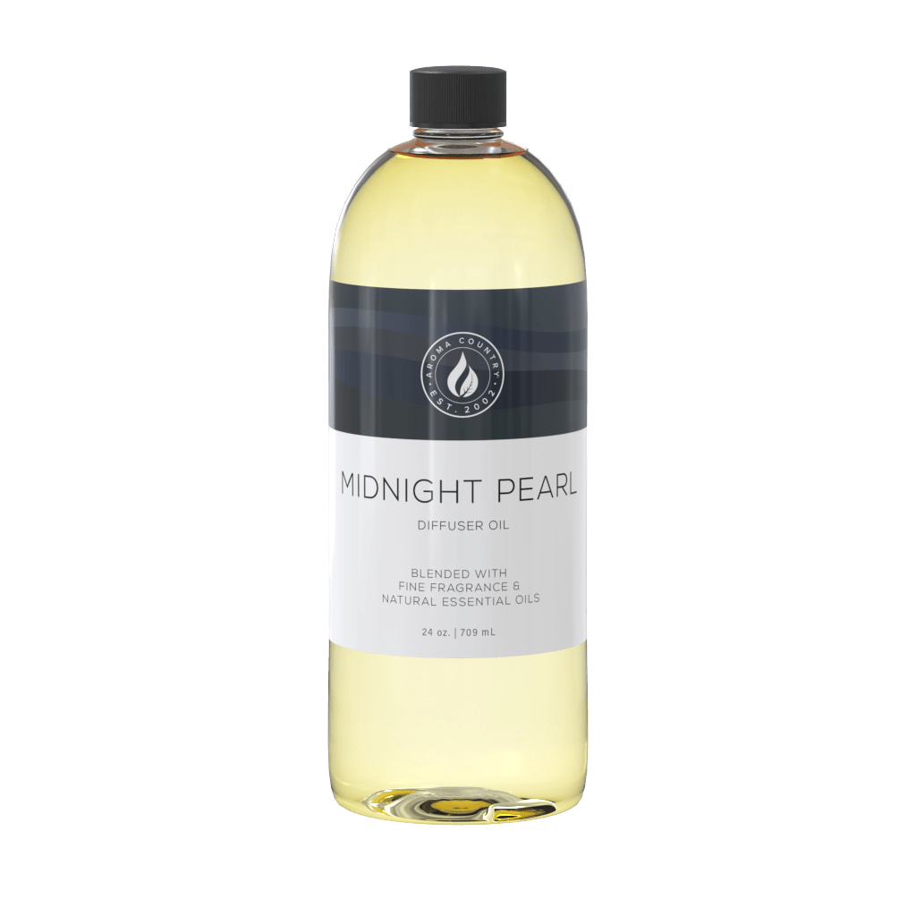 Midnight Pearl diffuser oil in a 24 oz bottle, featuring a sleek dark label that hints at a deep, elegant fragrance blend with essential oils.