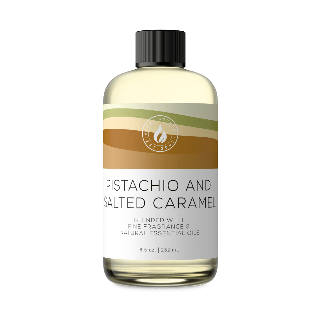 Pistachio and Salted Caramel diffuser oil in an 8 oz bottle, blending pistachio cream and salted caramel with warm vanilla sugar.